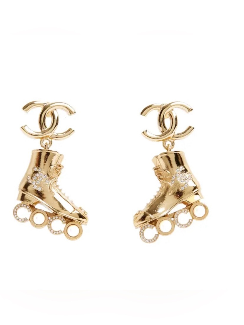 Double C Roller Skate Earrings Gold-Tone Crystal and Pearl Embellished Earrings